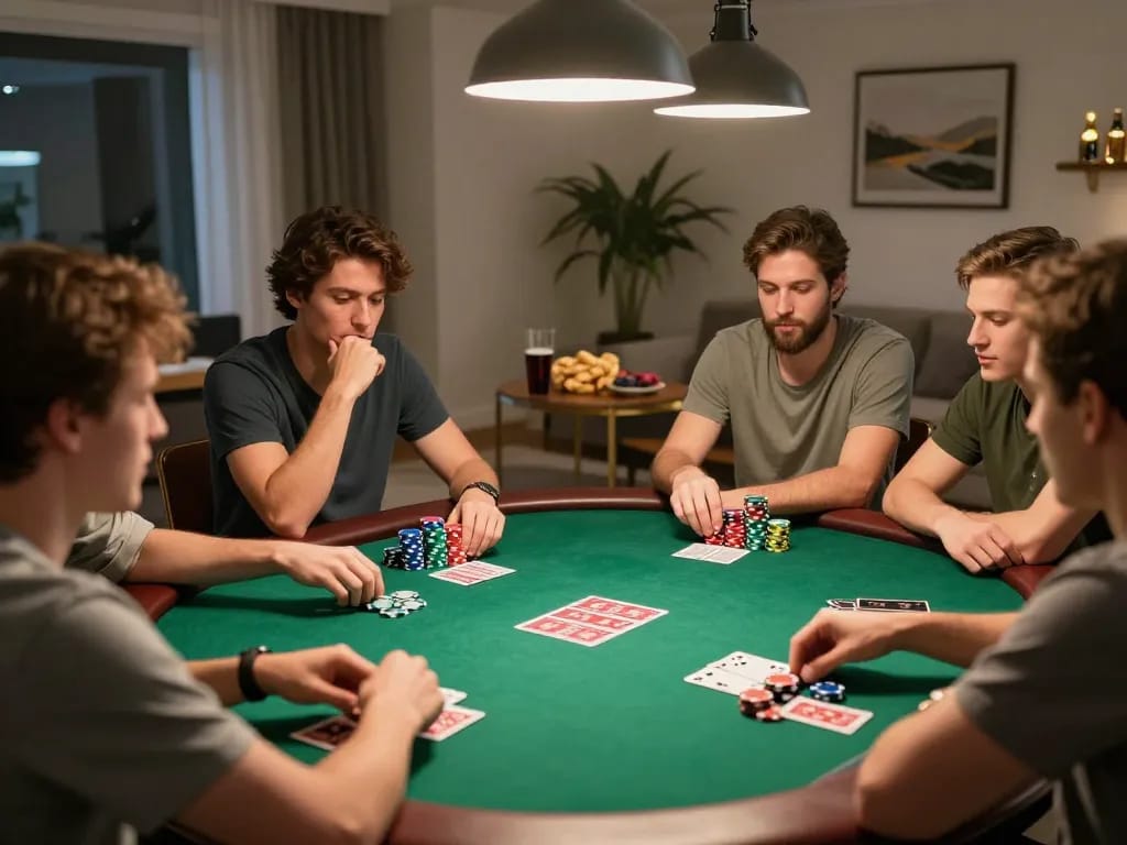 Engaged friends playing poker in a cozy home setup while connecting through kkwin.in online platform.