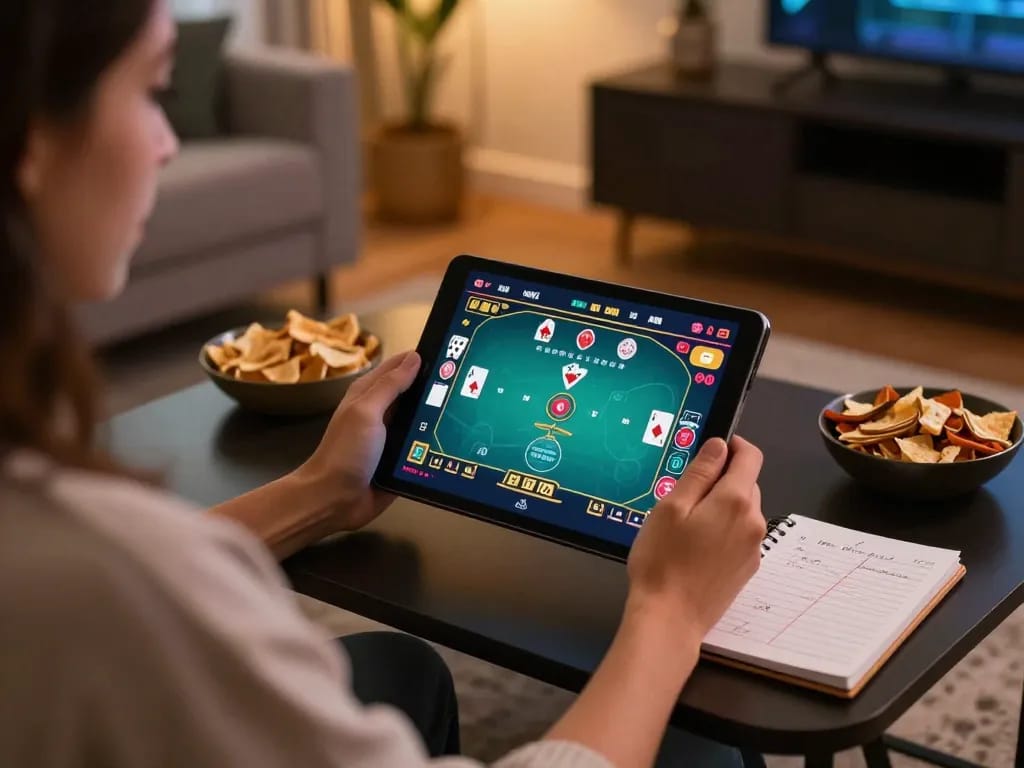 Player engaging with BL555 online casino gaming on tablet, showcasing strategic insights and cozy atmosphere