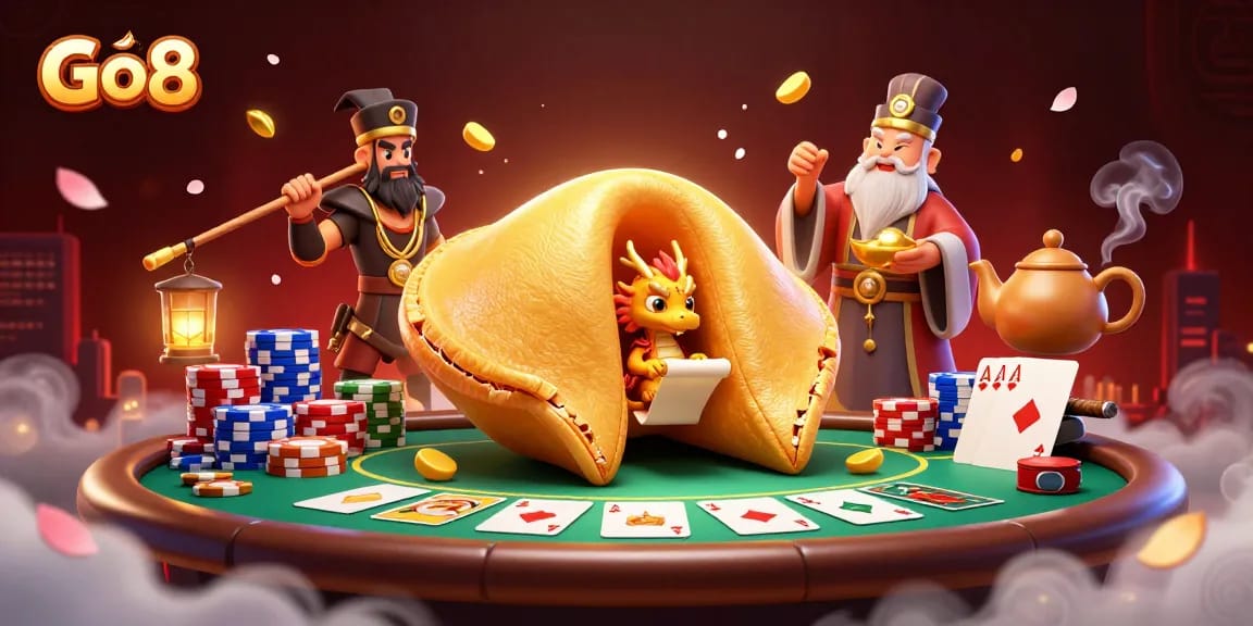 Experience exciting gameplay at Go8 with a giant golden fortune cookie and poker action!