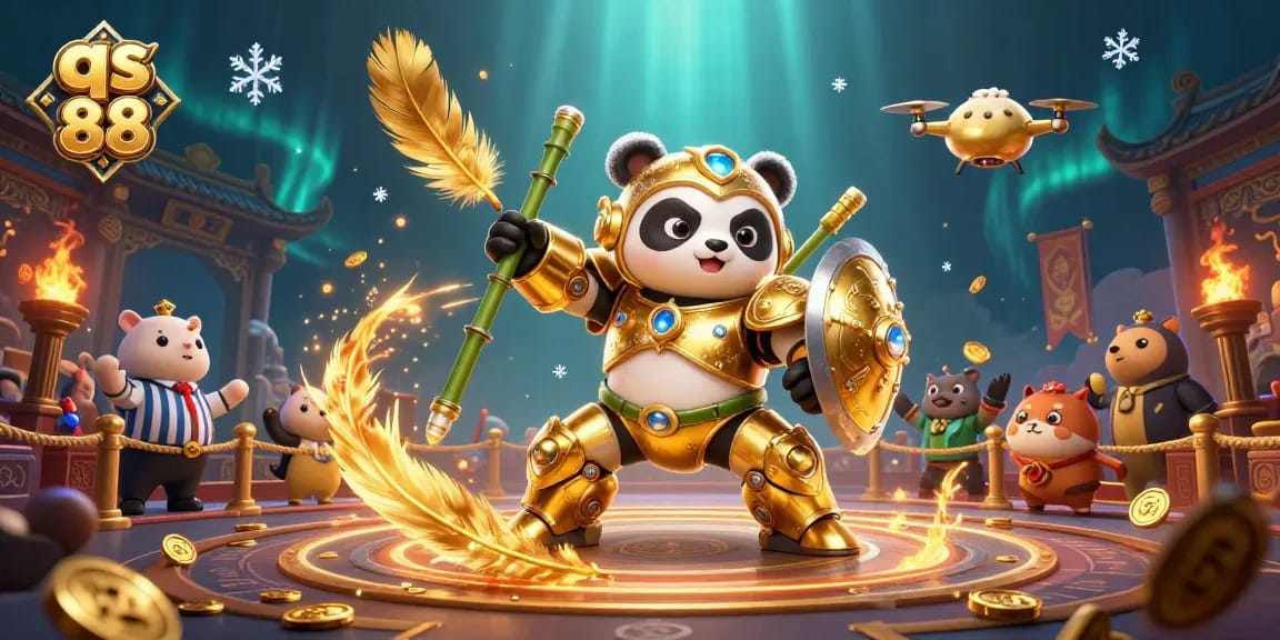 Engage with the thrilling qs 88 casino experience featuring a mech-suit panda in an energetic arena.