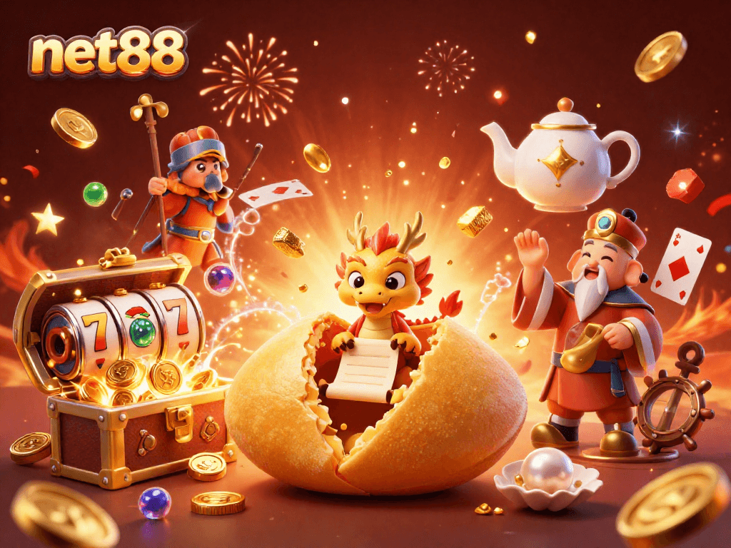 Experience wins at net88 with an energetic scene of fortune cookies, slot reels, and festive elements