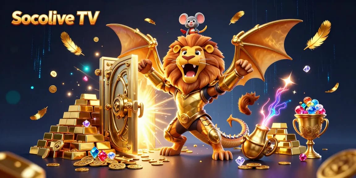 Socolive TV showcases a glorious 3D chimera creature amidst a lavish scene of riches in a digital casino.