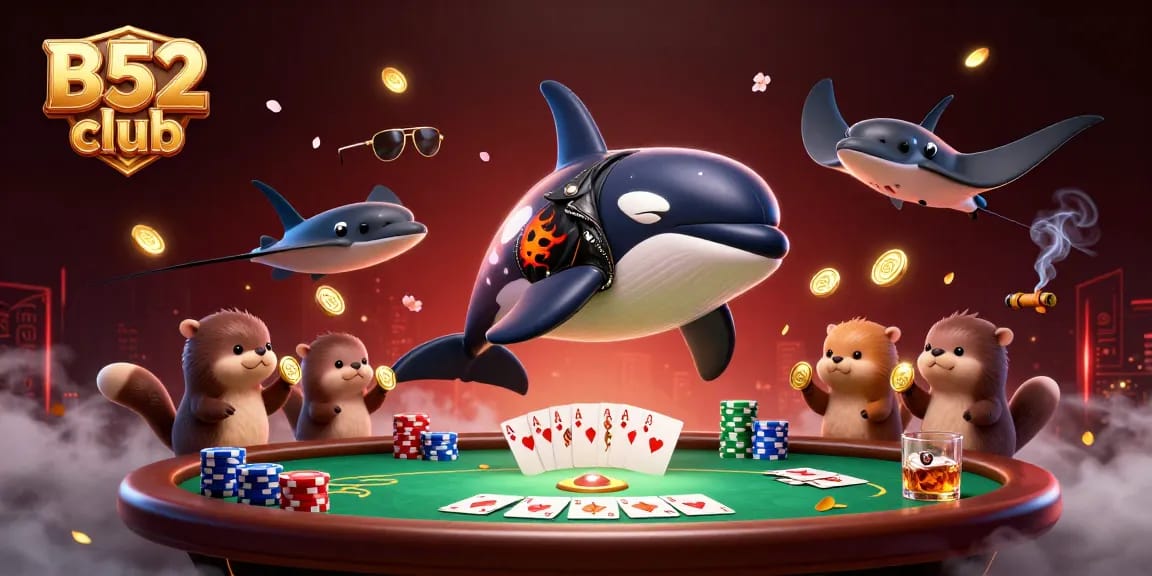 Experience thrilling games at B52 club while enjoying a spectacular poker scene with vibrant characters.