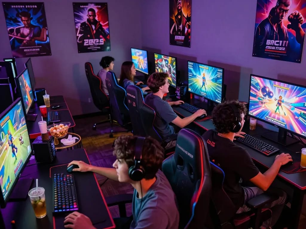 Friends enjoying free porn games in a vibrant gaming lounge setting.