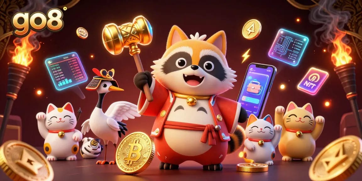 Experience thrilling gaming at go8 with vibrant characters enjoying rich casino elements and crypto visuals.
