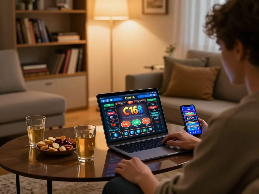 C168 online gaming experience at home with tablet and snacks, promoting safe gambling fun