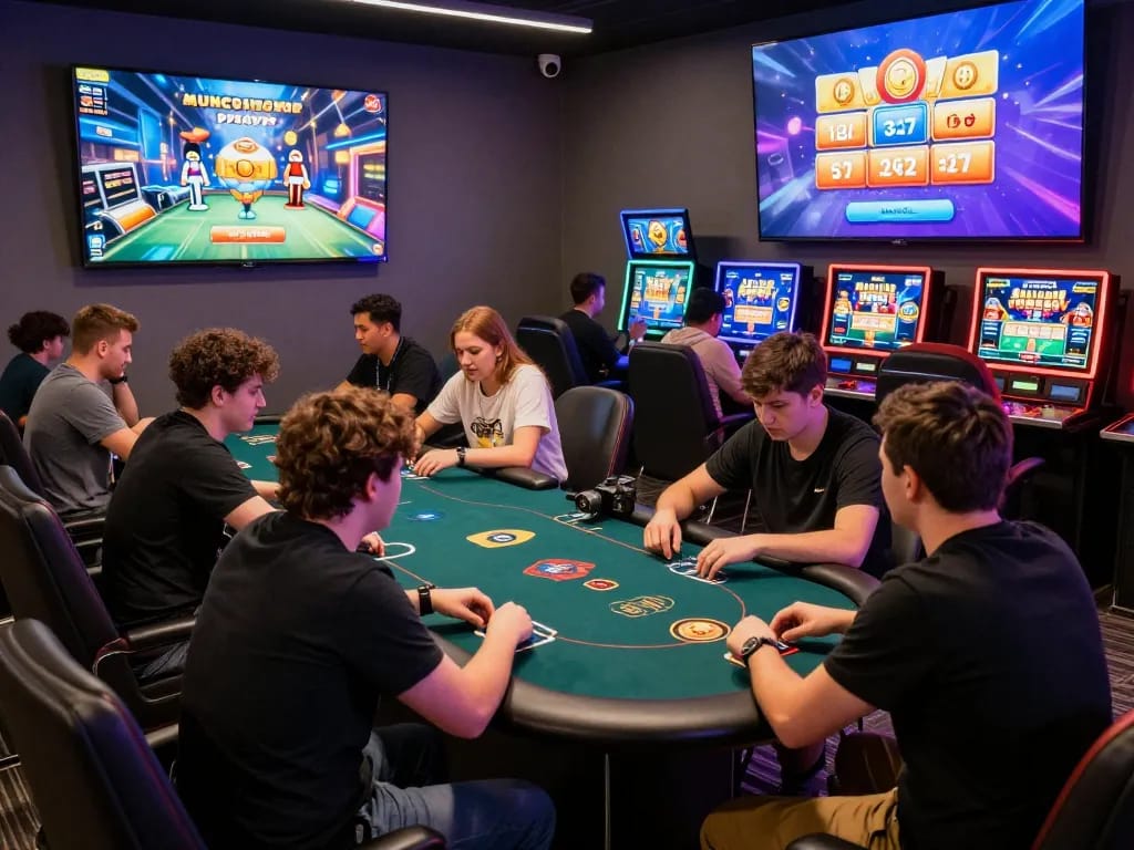 Engaged players at hitclub enjoying poker and slot games in a vibrant gaming lounge.