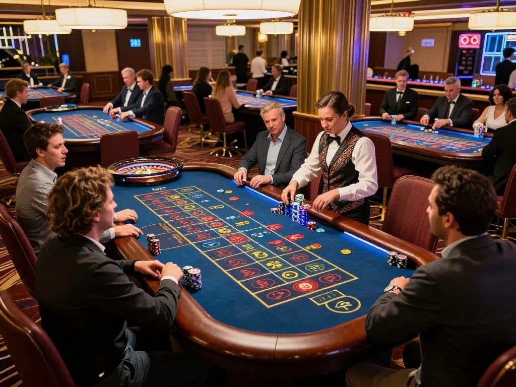 Engaged players at a roulette table betting in a vibrant casino scene, showcasing Da88's lively gambling atmosphere