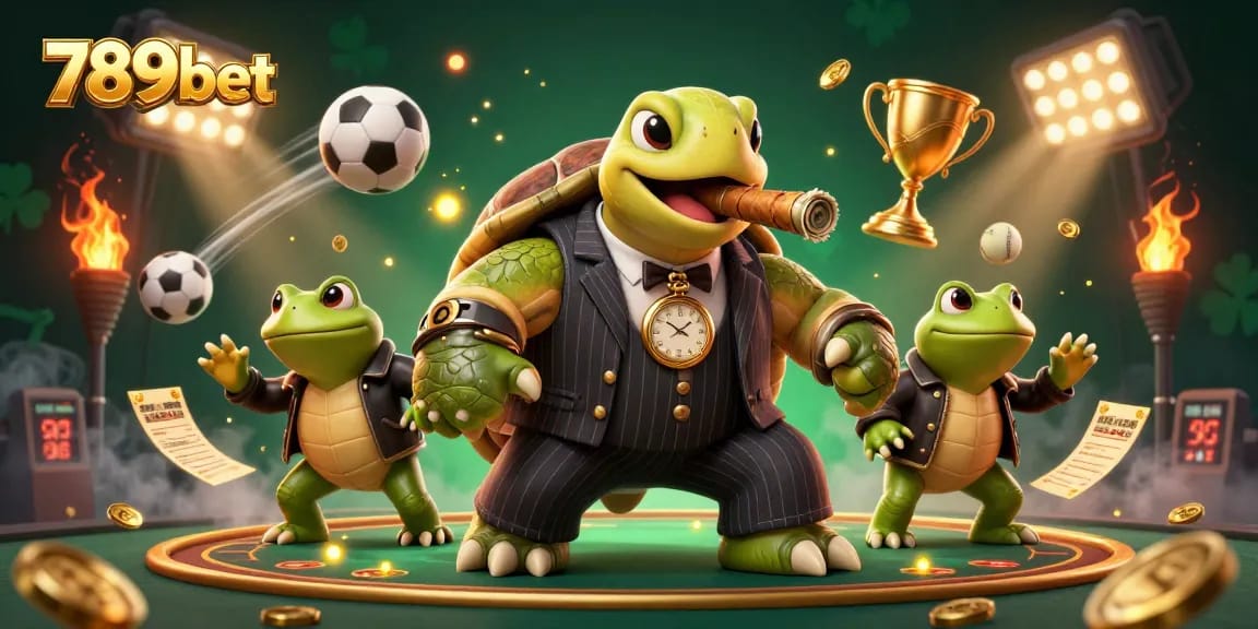 Engage with 789bet's thrilling casino experience featuring a cartoon turtle in a mobster suit surrounded by sports action.