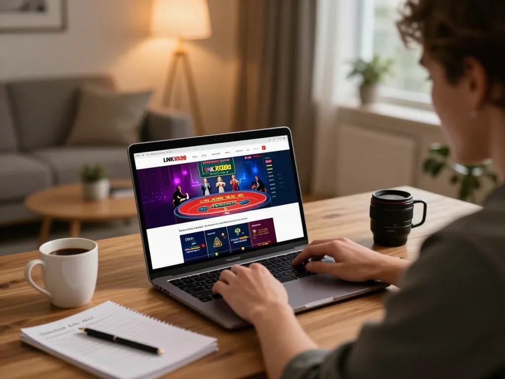 Engaging with LINK XO88 online casino interface during a responsible gaming session at home.