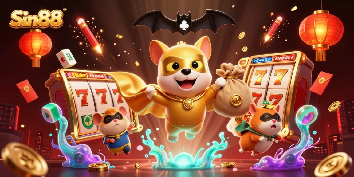 Sin88 features a superhero dog and hamster in a vibrant casino scene with iconic game elements.