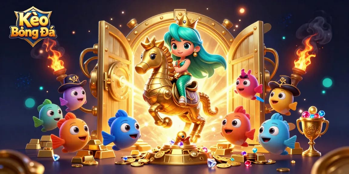 Kèo Bóng Đá showcases a vibrant 3D scene with a mermaid princess, seahorse, and treasure elements capturing the excitement of sports betting.