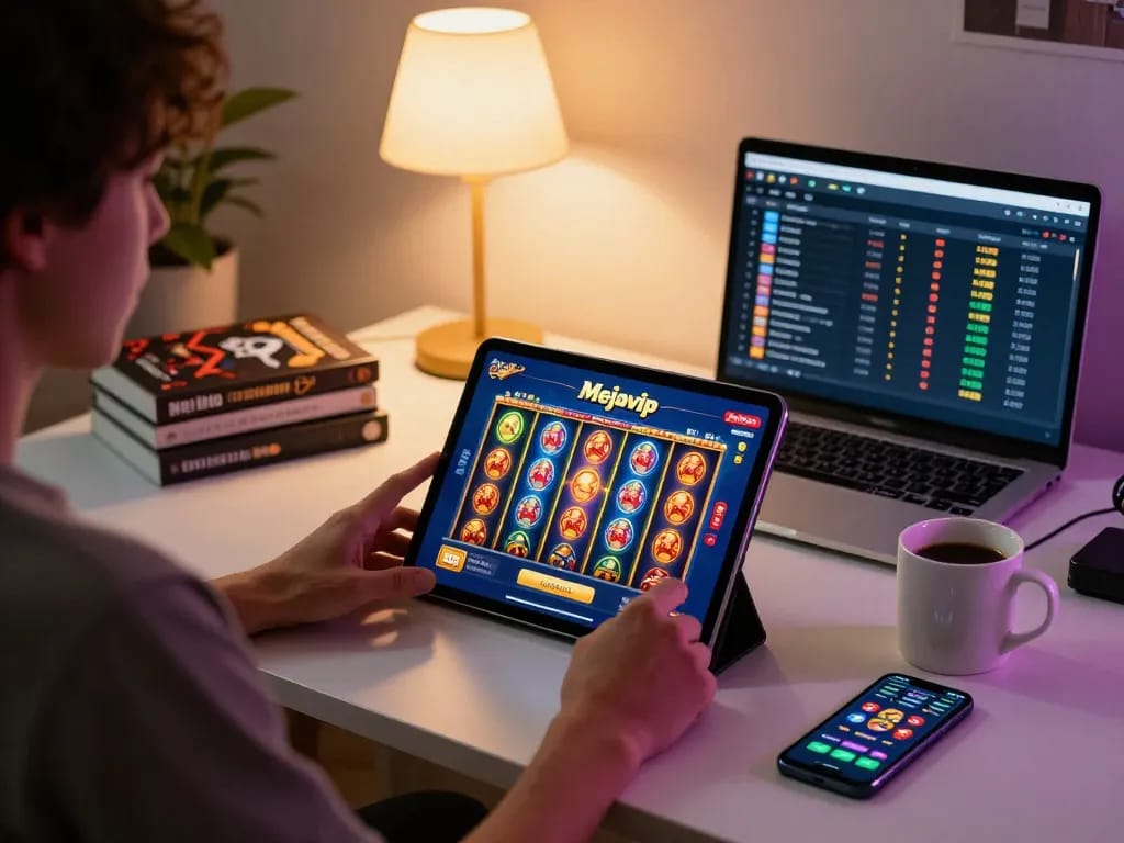 Memainkan slot Mejavip online di tablet dalam pengaturan permainan rumah yang nyaman.