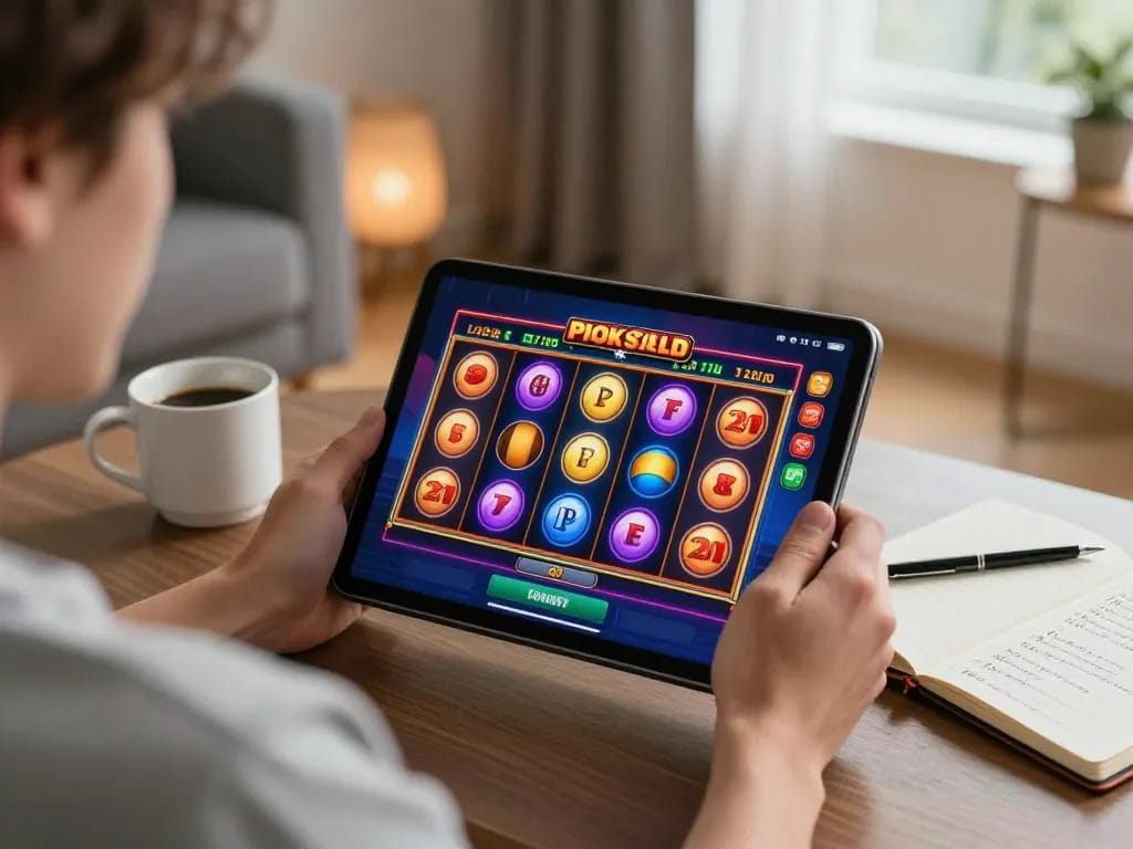 Person enjoying the best online pokies on a tablet in a cozy home, showcasing strategy and fun.
