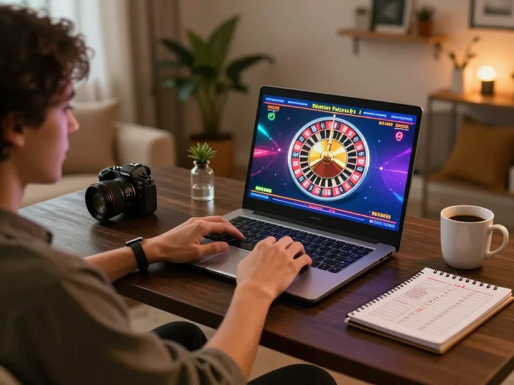 Player engaging in online roulette gaming using RR88 laptop at home, showcasing cozy gaming environment