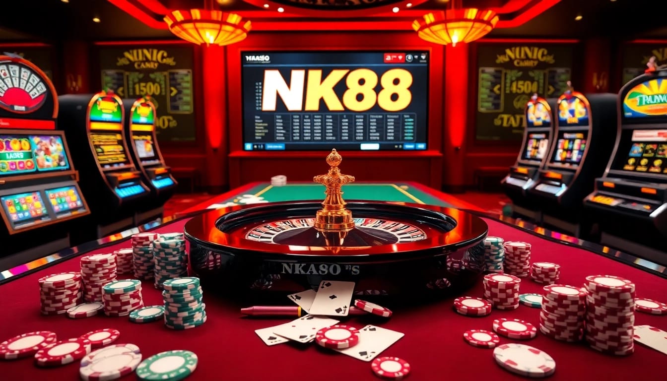 Experience the thrill of NK88 at a luxurious casino with roulette and slot machines.