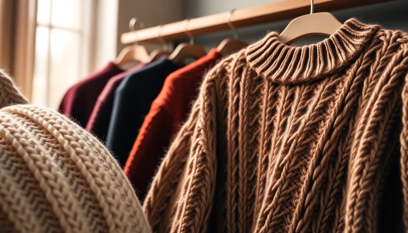 High Quality Clothing Manufacturer showcasing diverse knitwear sweaters in warm, inviting tones.