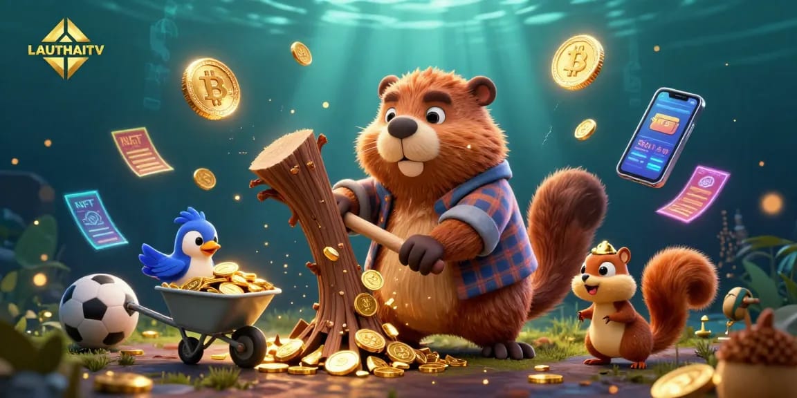 Join the excitement of betting on LAUTHAITV with lively sports scenes featuring gold coins and trophies.