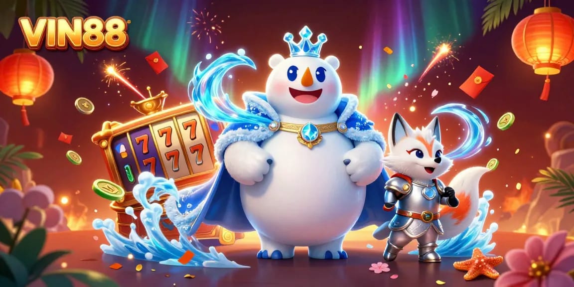 Win big with VIN88 in this vibrant 3D illustration featuring exciting casino elements and enchanting characters.