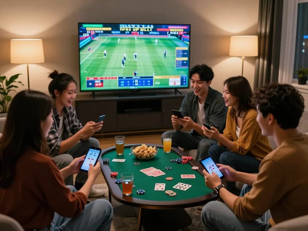 Exciting online gambling scene featuring friends enjoying MAY88 sports betting in a stylish setting.