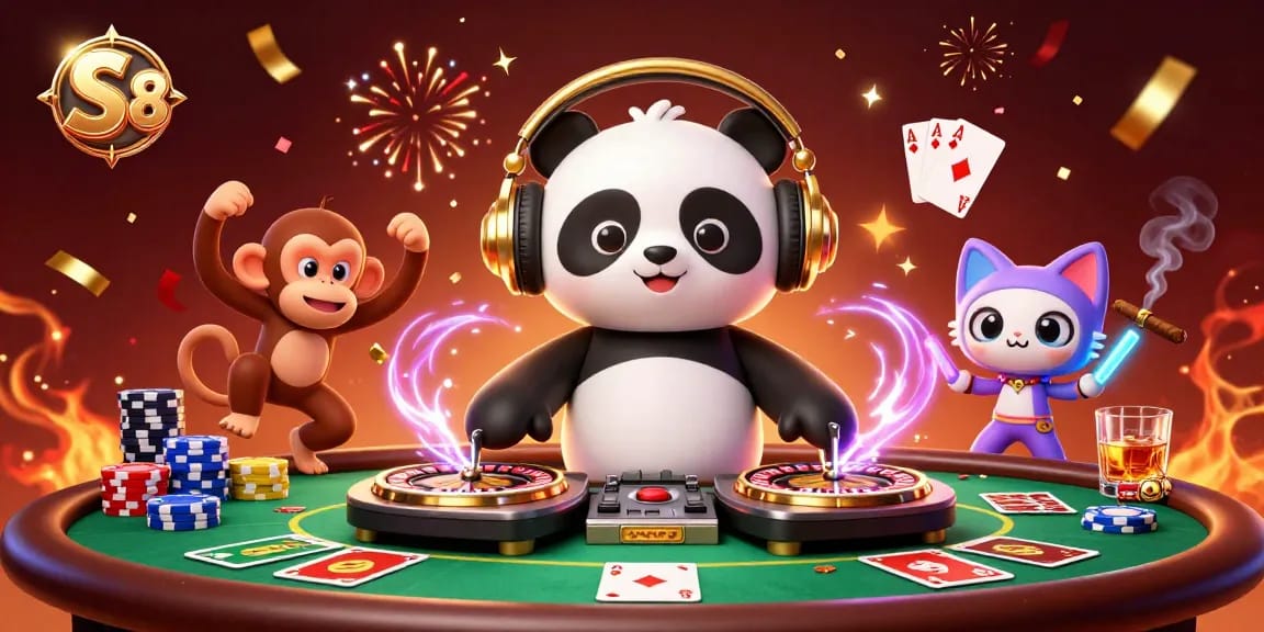S 8 features a festive scene with a DJ panda and fun casino elements, showcasing excitement for players.