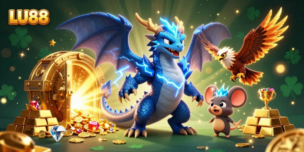 LU88 slots experience with thunder dragon and wind hawk amidst treasure and dazzling gems.