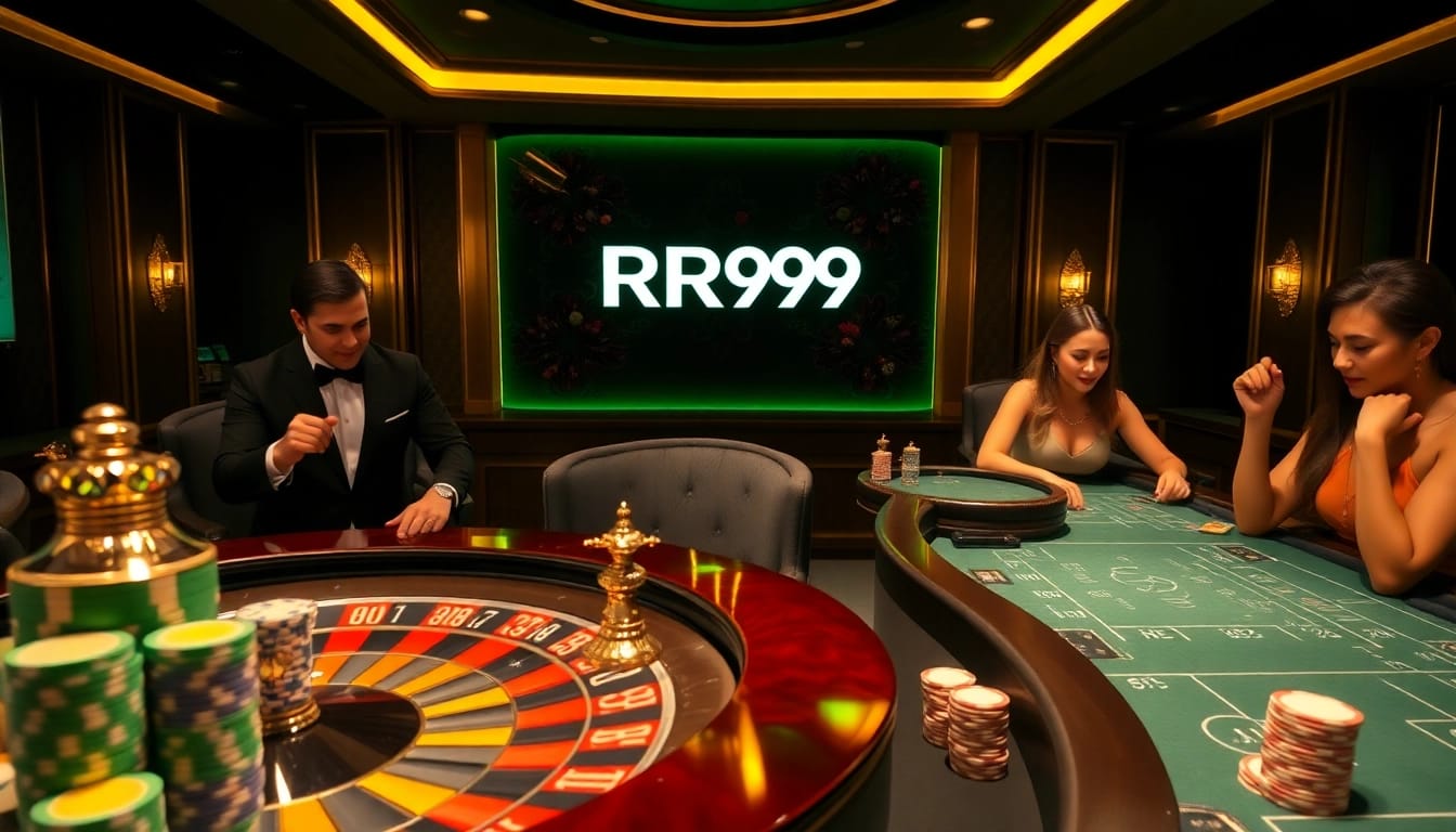 Exciting gambling action at RR99 casino with poker chips and roulette wheel.