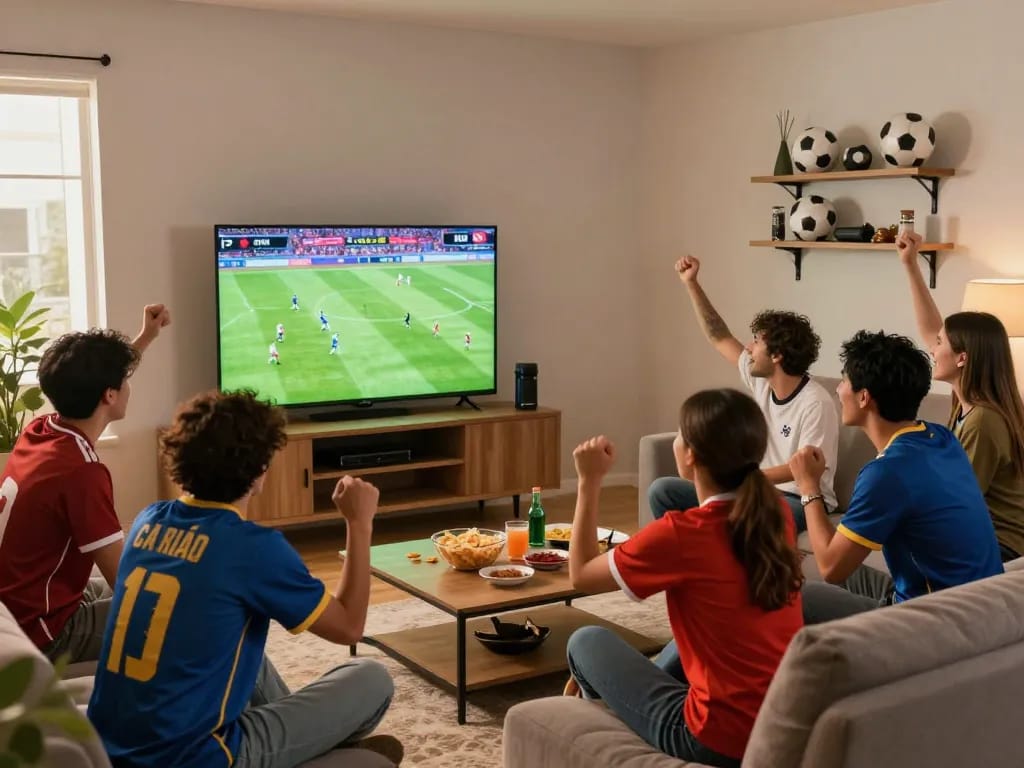 Friends enjoying a thrilling football match on Cà Khịa TV in a lively living room