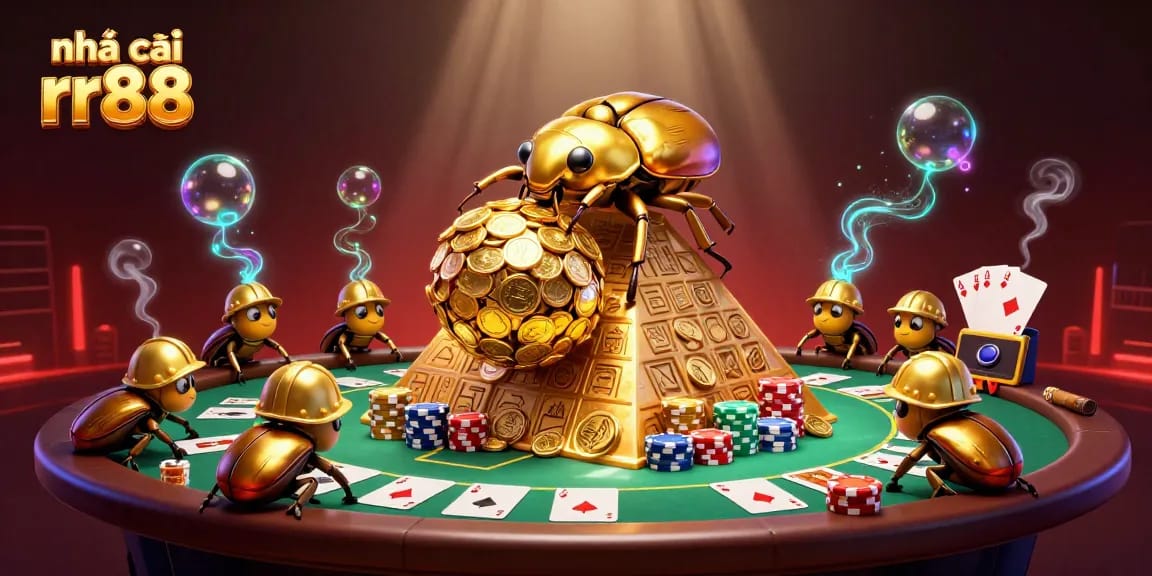 Experience the excitement at nhà cái rr88, where golden beetles roll coins amidst vibrant casino action.
