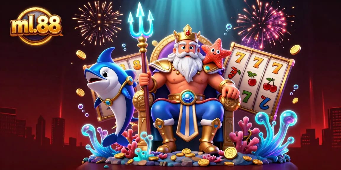 Engage with ml.88 by spinning vibrant slot reels featuring gold coins and lucky symbols in a lively casino scene.
