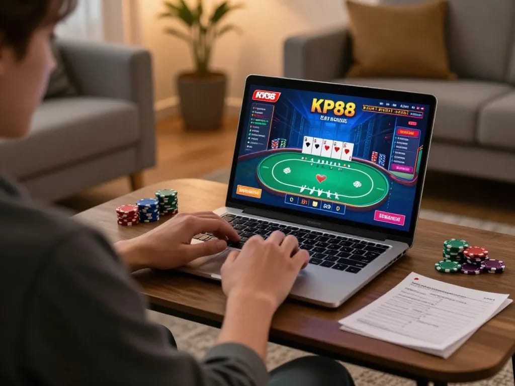 Person engaged in KP88 online casino gameplay on laptop with vibrant poker interface and strategy notes.