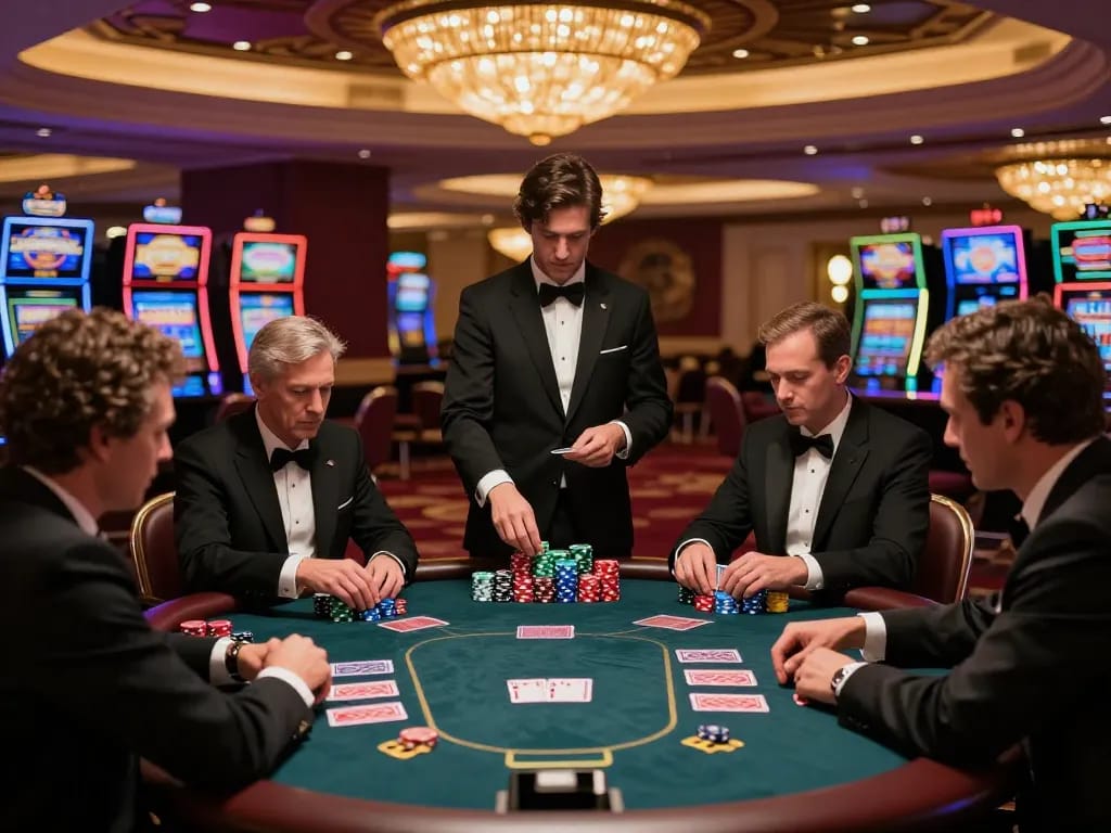 Players at a 3WIN high-stakes poker table in luxury Vegas casino, strategizing card hands.