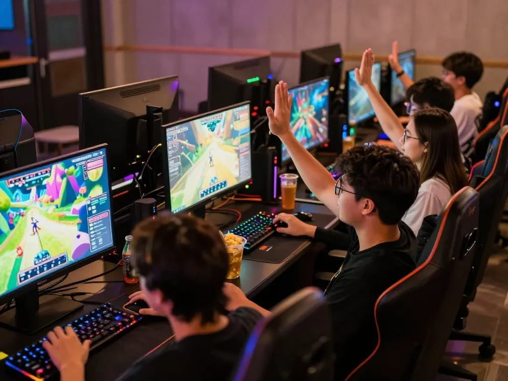 Players enjoying the thrill of tải game rikvip in a vibrant gaming lounge.