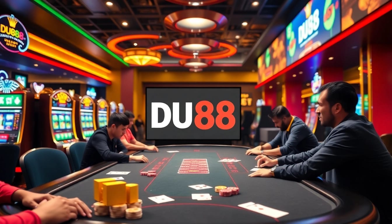 Experience the excitement at DU88's poker table, with vibrant lights and poker chips.