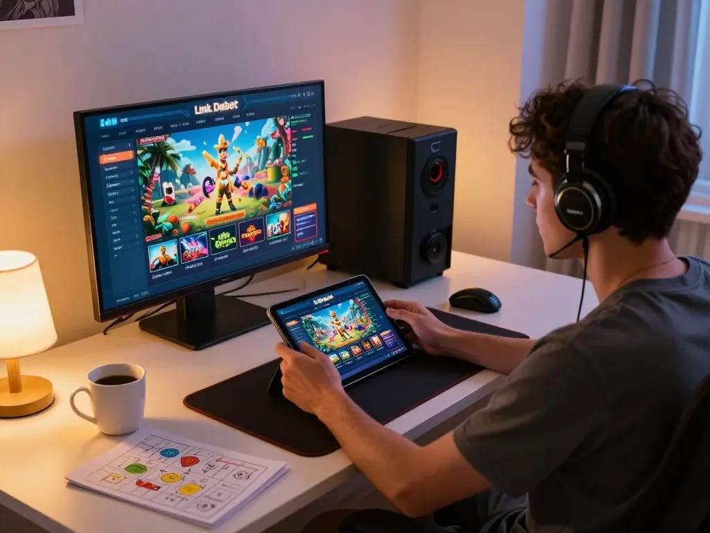 Engaging with Link Dabet chính thức interface on tablet in a cozy gaming setup.