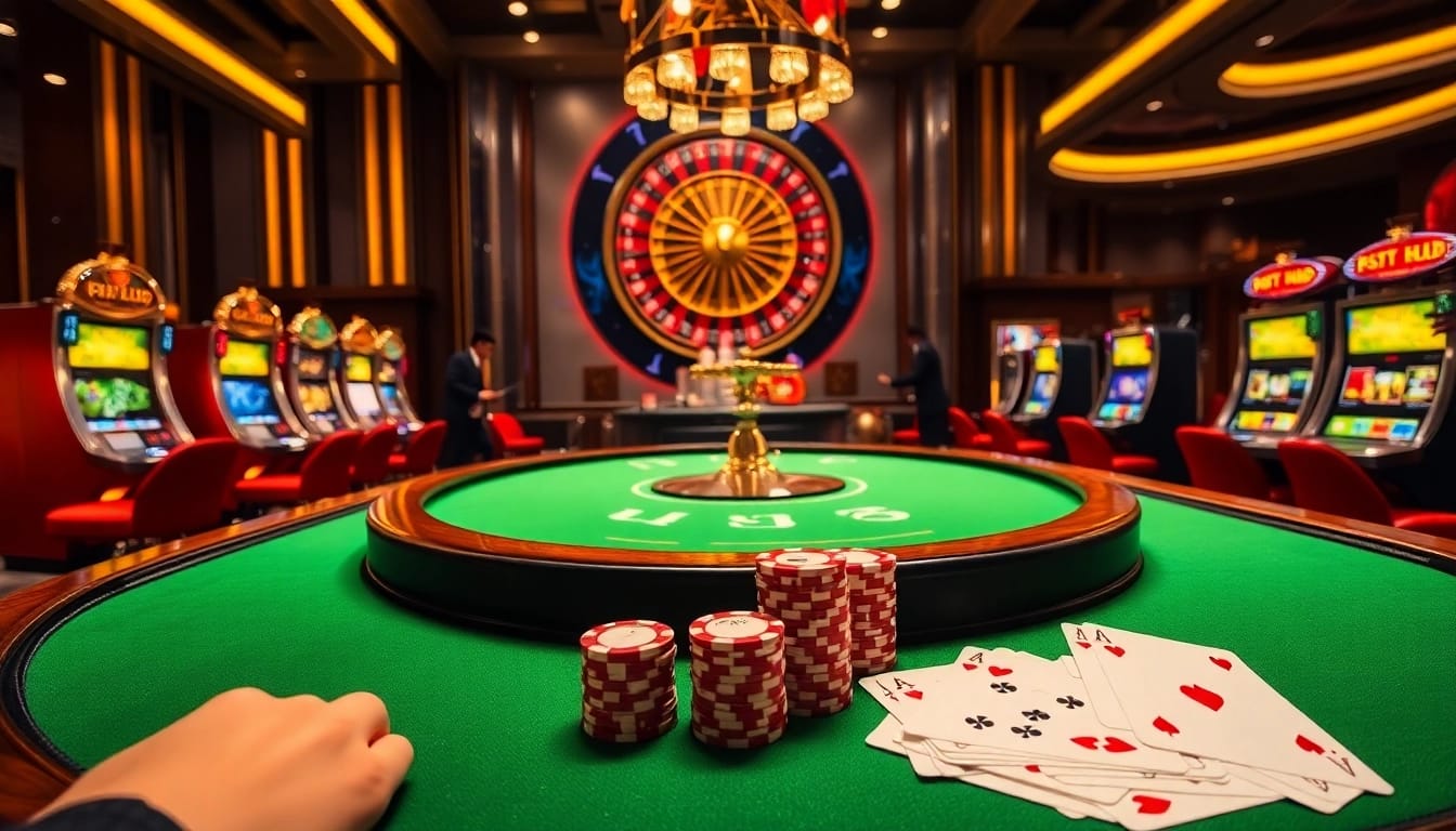 Experience the excitement of casino gameplay at vipwin with vibrant poker tables and slot machines.