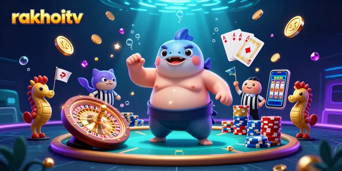 Experience exciting rakhoitv gaming with colorful characters and dynamic casino elements in this vibrant scene.
