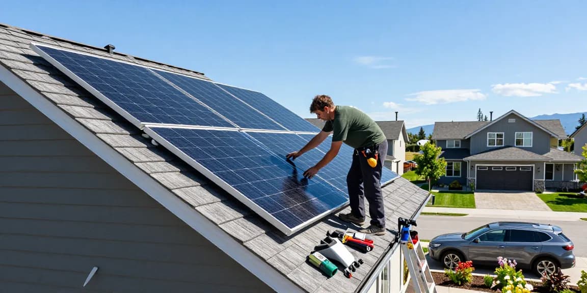 Solar installer West Kelowna BC mounting solar panels in a residential setting during bright daylight.