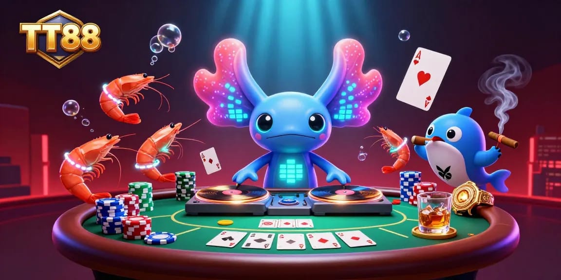 Engage with TT88's vibrant casino scene featuring an axolotl DJ and lively shrimp in a poker party.