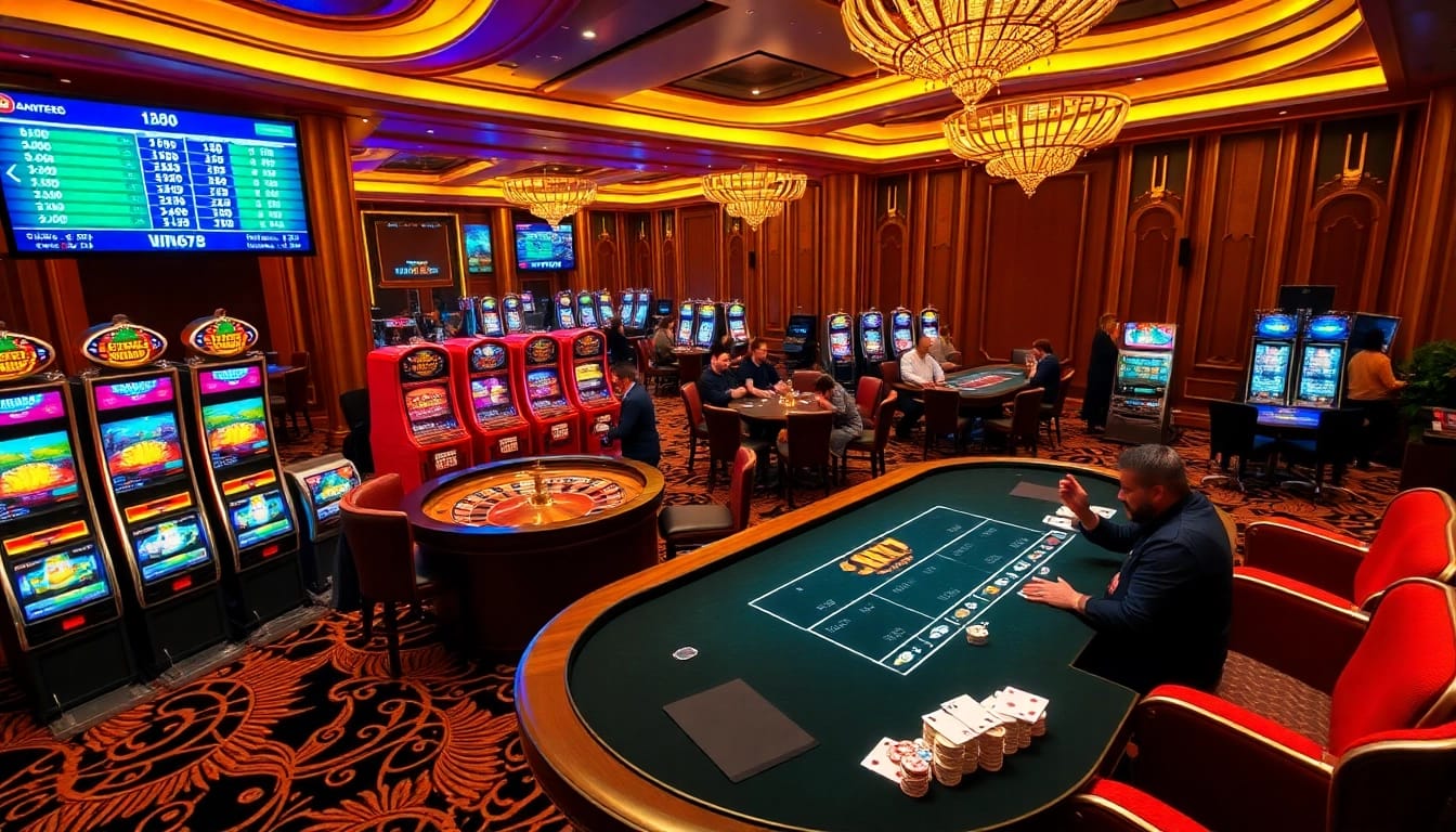 Experience thrilling gaming action at WIN678 with an upscale casino atmosphere and vibrant slot machines.