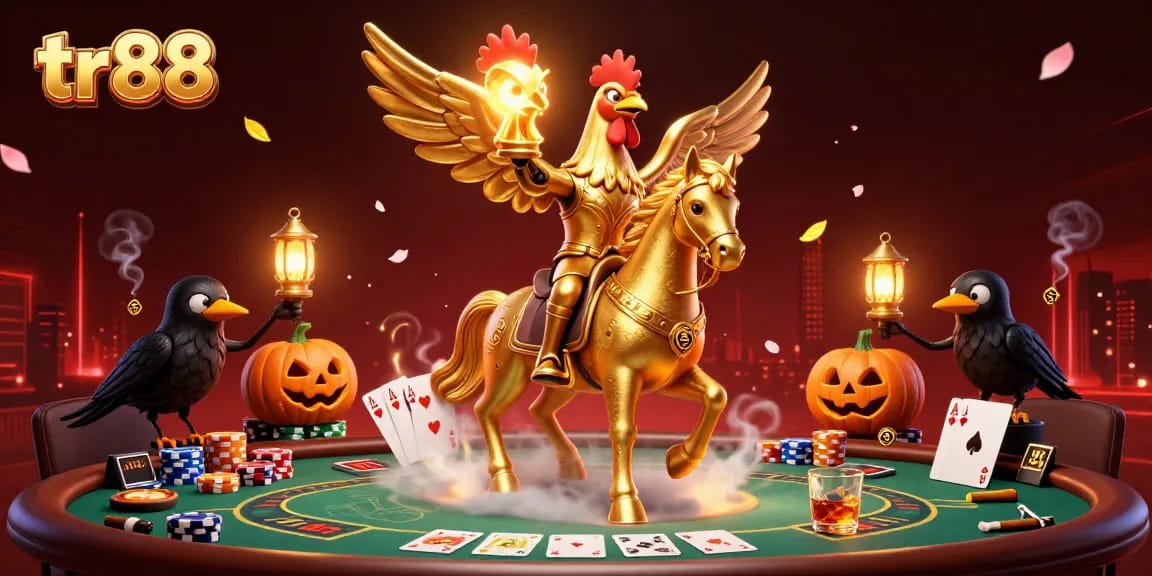 Experience TR88's vibrant casino scene featuring a golden rooster and dynamic poker elements.