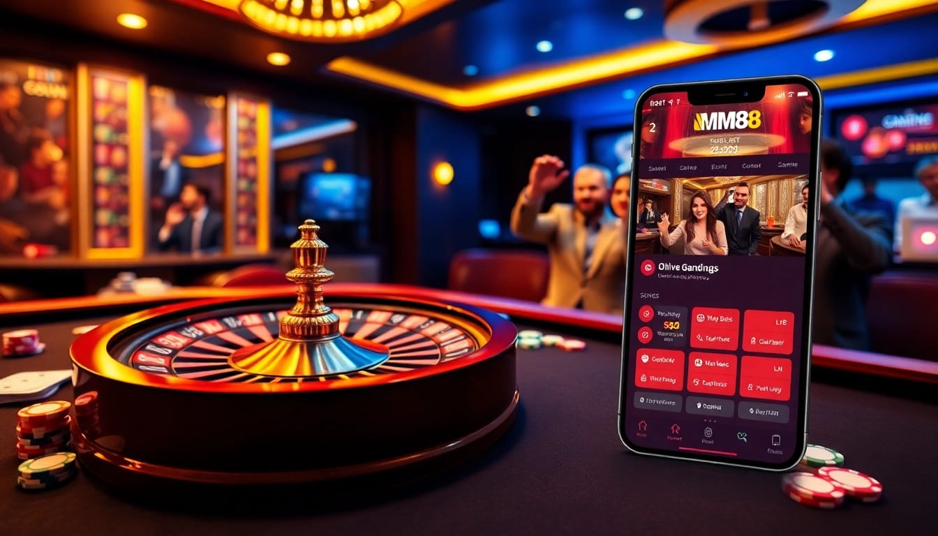 MM88 players engaging in exciting gambling activities at a sleek casino table.