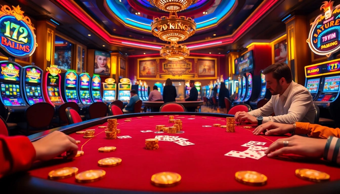 79KING players engaging in a thrilling poker game at a luxurious casino table.