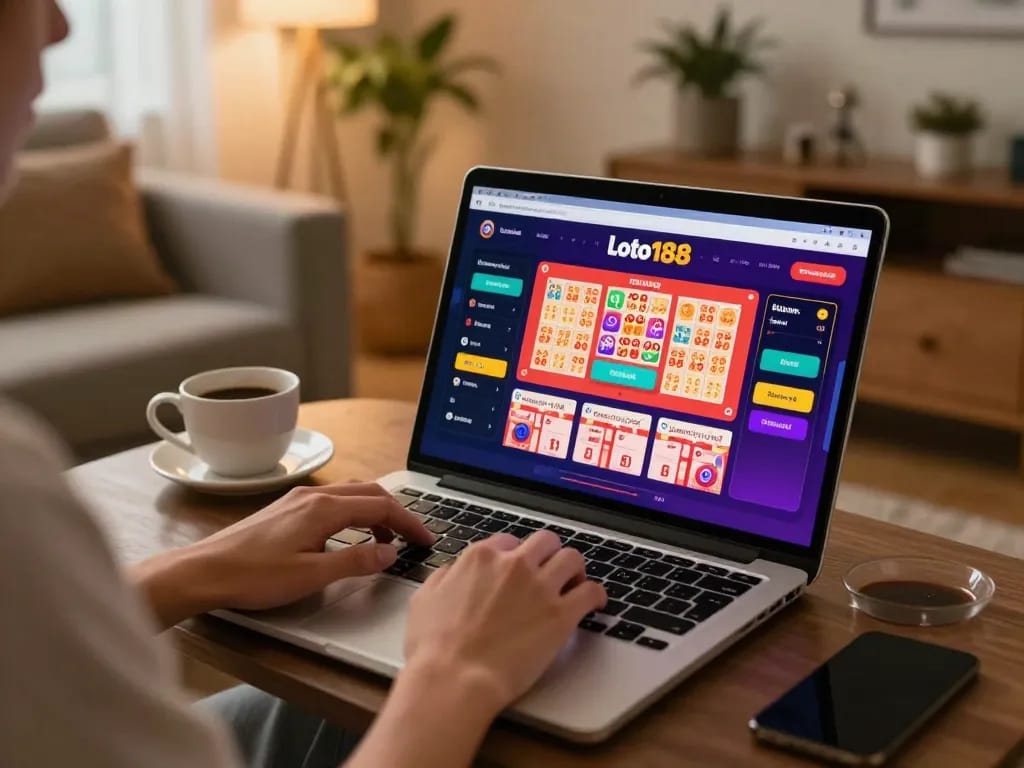 Engaging in loto188 online gaming with a laptop in a cozy living room setup while analyzing betting options.