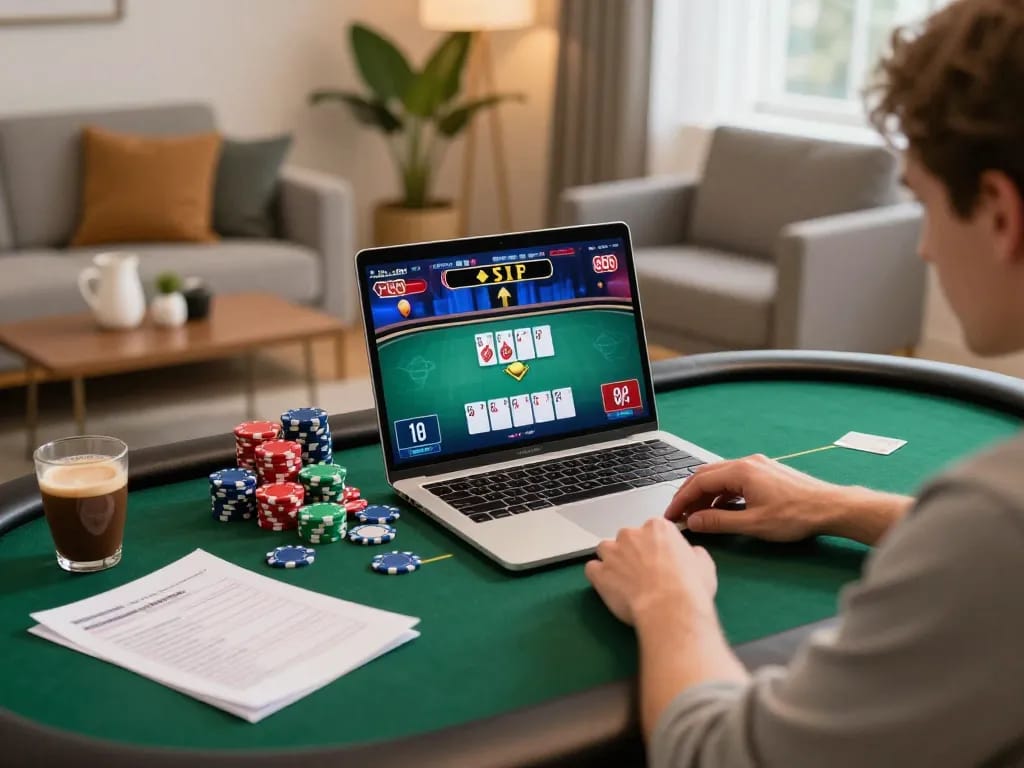 Oxbet player engaged in online poker game at home, showcasing strategy notes and vibrant interface