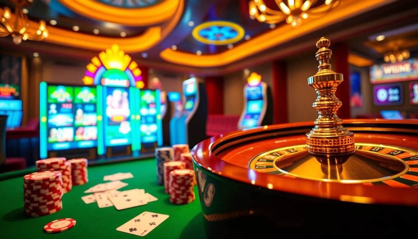 Experience high-stakes thrill at https://vu88.tech/ with vibrant poker chips and a luxurious roulette wheel.