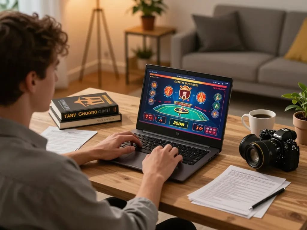 Engaging online gaming session at home with 78win on a laptop, showcasing interactive casino gameplay and strategy notes.