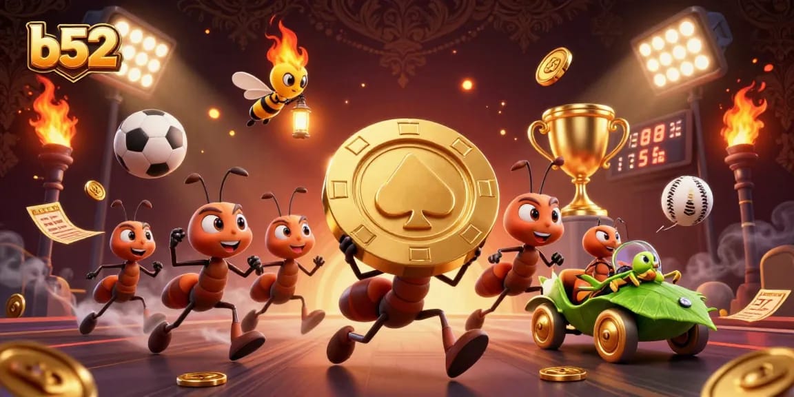 B52 ants carry a giant golden poker chip through a tunnel in this dynamic casino scene.