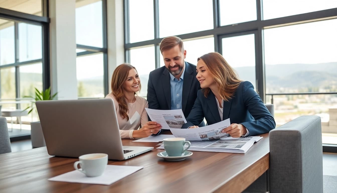 Kelowna realtor discussing property options with clients in a bright office