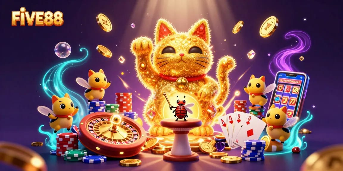Engage with FIVE88's vibrant gaming world featuring a 3D lucky cat made of fireflies surrounded by casino symbols.
